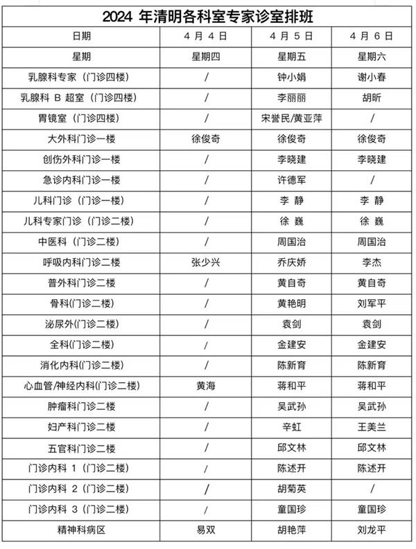 【清明排班】2024年清明节门诊排班表