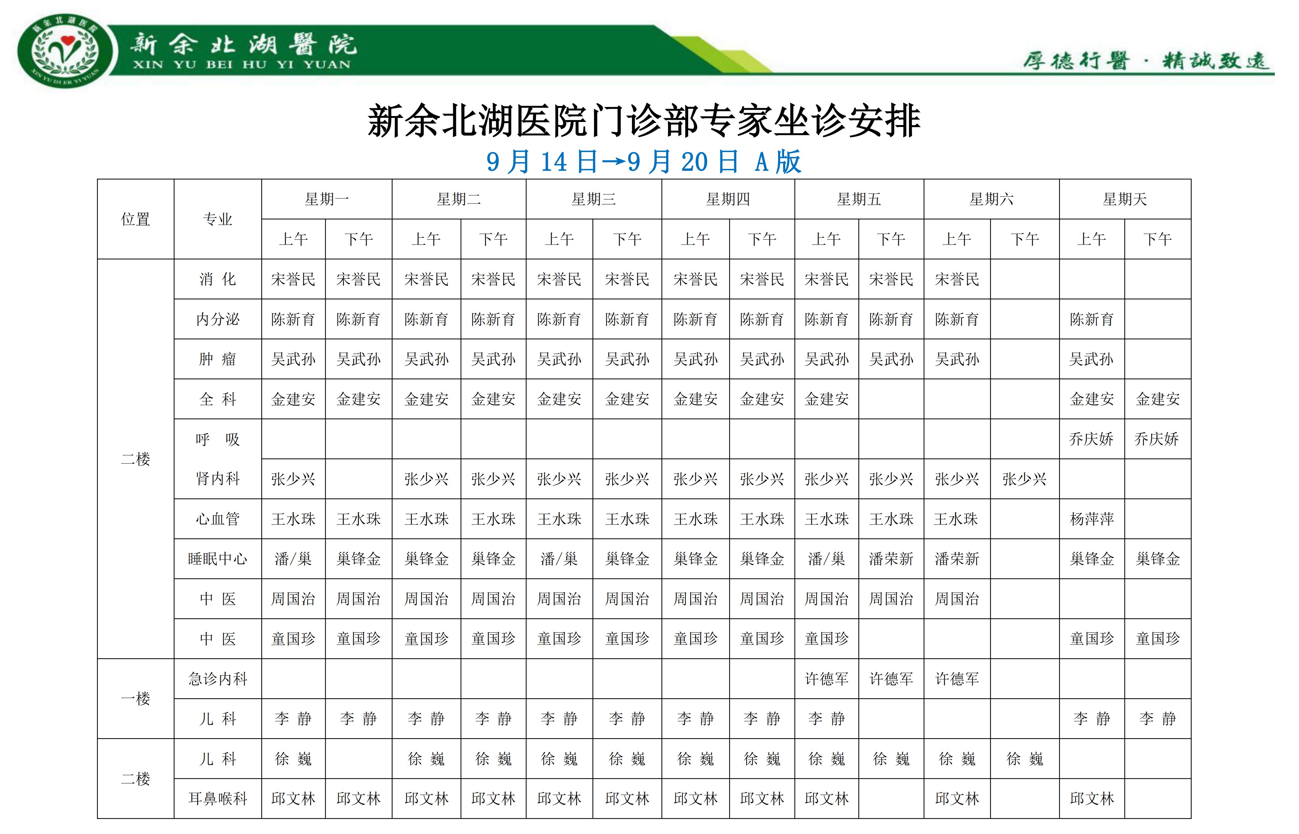 新余北湖医院一周（09.14-09.20）专家专科门诊坐诊安排